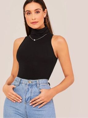 SHEIN Essnce Black Turtle Neck Solid Sleeveless Tank